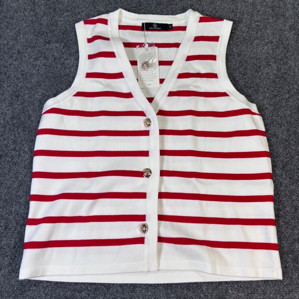 LILLUSORY Sweater Vest Women M Red White Striped Gold Button NWT Nautical Preppy